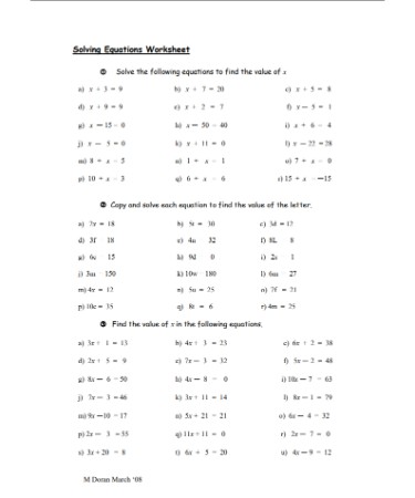 Solving Equations Worksheet PDF