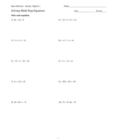 Solving Multi Step Equations Worksheet PDF