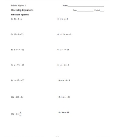 Solving One Step Equations Worksheet PDF