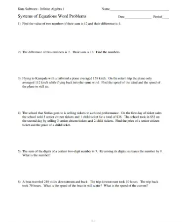Solving Systems Of Equations Word Problems Worksheet PDF