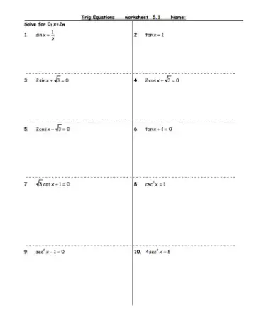 Solving Trigonometric Equations Worksheet PDF - (PRINTABLE)