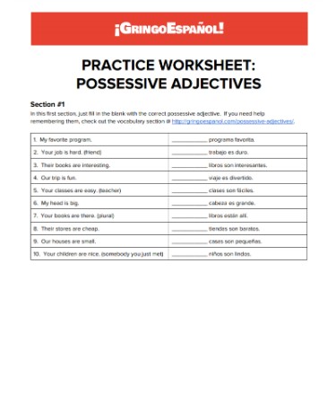 Spanish Possessive Adjectives Worksheet PDF