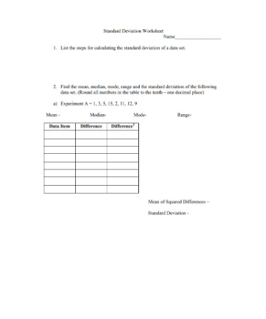 Standard Deviation Worksheet PDF