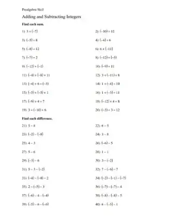 Subtracting Integers Worksheet PDF - Free Download (PRINTABLE)