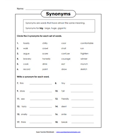 Synonyms Worksheet PDF
