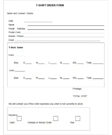 T Shirt Order Form Template PDF