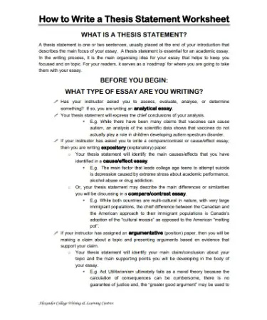 thesis statement writing worksheet