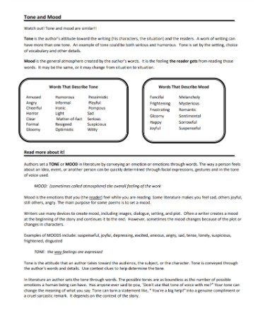 Tone And Mood Worksheet PDF