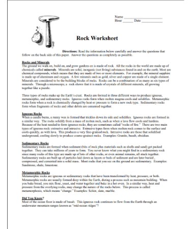 Types Of Rocks Worksheet PDF