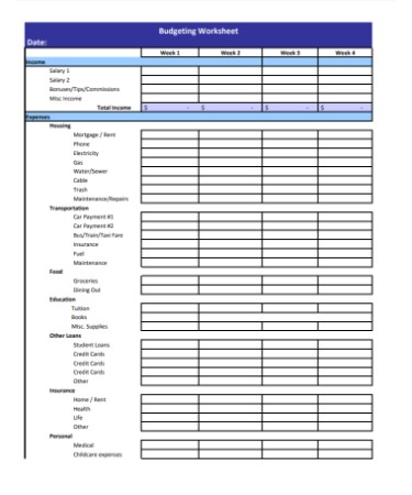 Weekly Budget Worksheet PDF