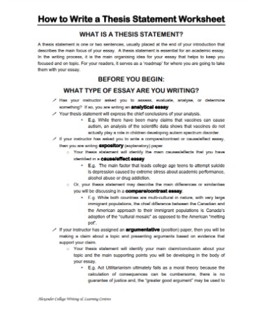 Writing A Thesis Statement Worksheet PDF