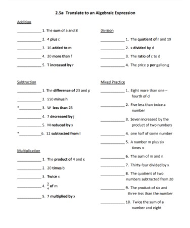 Writing Algebraic Expressions Worksheet PDF