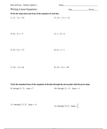 Writing Linear Equations In Slope Intercept Form Worksheet PDF  FREE