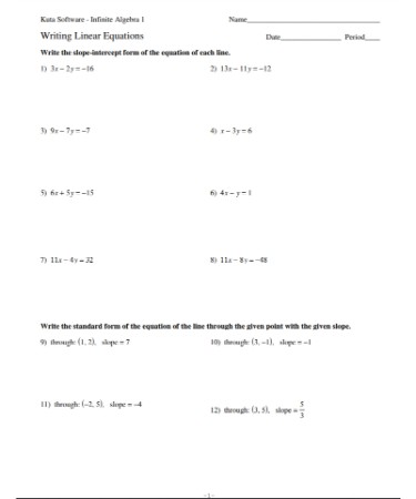 Writing Linear Equations In Slope Intercept Form Worksheet PDF