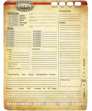 Savage Worlds Character Sheet - (PRINTABLE PDF)